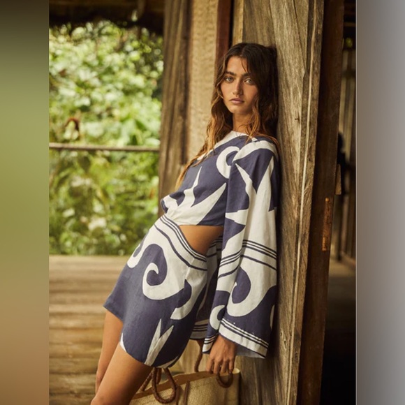 Johanna Ortiz Wave After Wave Tie Back Mini Dress Organic Linen Statement Sleeve - Picture 2 of 12